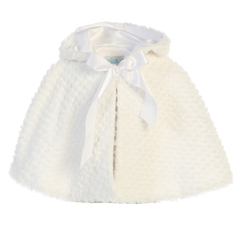 Little Girls White Ribbon Accent Hooded Swirl Texture Faux Fur Cape 2T-6 - SophiasStyle.com